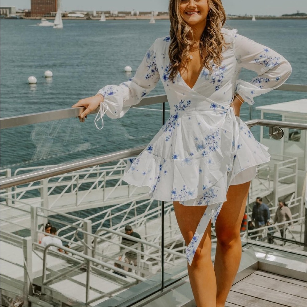 Lucy in the Sky White and Blue Floral Wrap Dress